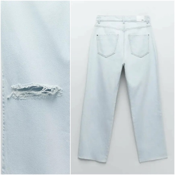 ZARA RIPPED HIGH WAIST STRAIGHT LEG JEANS Light Blue 40 / US 8 - Picture 4 of 15